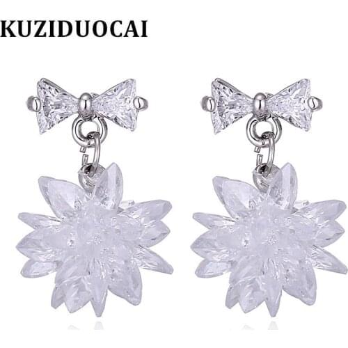 Kuziduocai New Fashion Jewelry Will Not Fade 100% True Crystal Zircon Bow-knot Flower Ball Stud Earrings For Women Girl E-1280