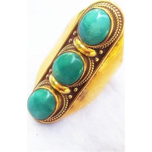Nepal Vintage Jewelry Brass Inlay Natural Turquoises Golden Finger Ring for Lady R165