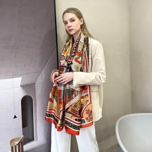 21 Spring New Satin Shawl Silk Scarf Womens Print Simulation Silk Beach Bag Head Long Scarf