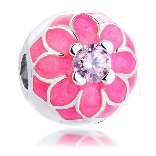 Fits for Pandora Charms Bracelets Blooming Dahlia Clip Beads with Pink Enamel 100% 925 Sterling Silver Jewelry Free Shipping