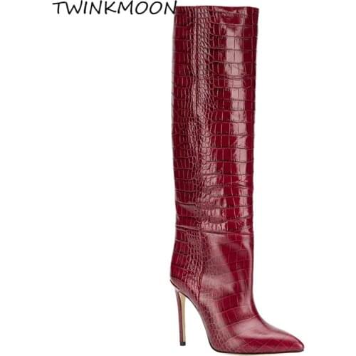 Plus Size 43 Crocodile Pattern Women Knee High Boots High Heels Shoes Womens Winter Boots PU Leather Stiletto With Short Plus