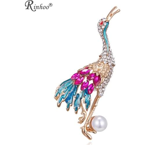 RINHOO Beautiful Brooch Rhinestone Crystal Enamel Crane Bird Brooches Pins Women Wedding Animal Brooch Jewelry Broach Spille