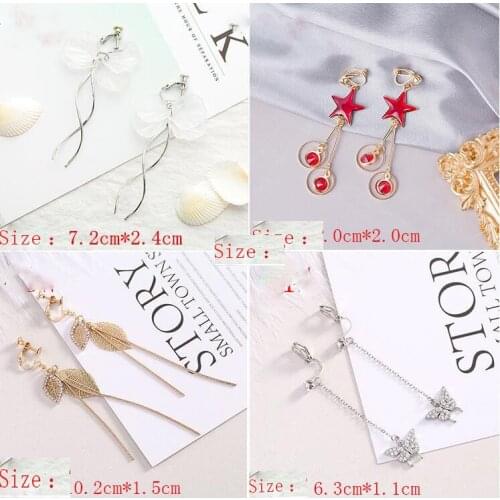 GRACE JUN korea style long tassel leaf flower butterfly star shape clip on earrings no pierced luxury jewelry no hole earrings