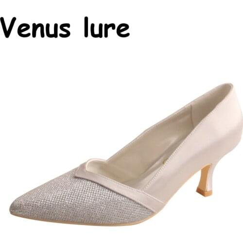 Venus lure Womens Silver Evening Shoes Low Heeled for Wedding 6.5CM Pointed Toe