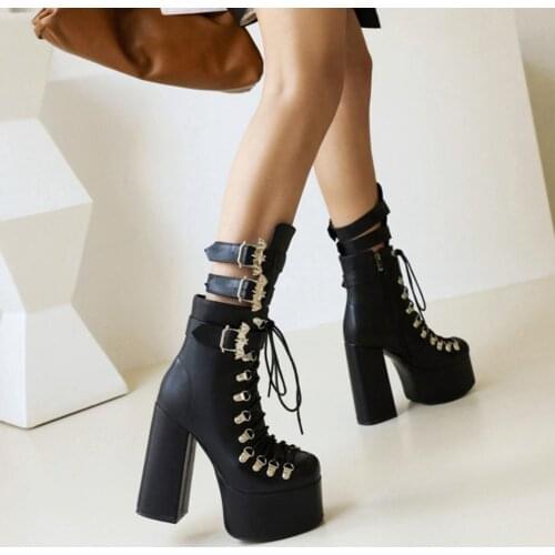 RIBETRINI Platform Block High Heels Fashion Women Boots Bat Lace Up Sexy Elegant Autumn Goth Punk Boots For Women Ladies Shoes