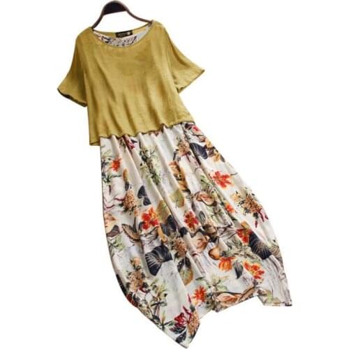 2019 Women Casual Vintage Summer dresses Printing Patchwork O-Neck Two Pieces Plus Size Pockets Maxi Linen Dress Sukienka