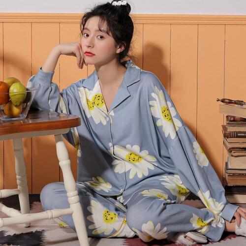 Turn-down Collar Womens Pajama Sets Autumn Winter Pyjama Cute Blue Cartoon Oversides Sleepwear Long Sleeves Long Pants Pijama