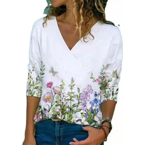 2021 Spring Retro Plant Print Top Shirt Womens Elegant V-neck Fashion Casual Top Fall Long Sleeve Loose Pullover 3XL