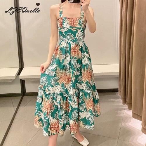LZEQuella Women Leaf Print Ruffles Strap Dress Summer Holiday Fashion Sexy Slash Neck Backless Green Boho Dresses Vestido NZ3496