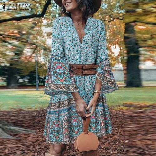 ZANZEA Bohemian Women Printed Floral Dress Summer 3/4 Sleeve Femme Casual Beach Sundress Loose Holiday Short Vestidos Plus Size