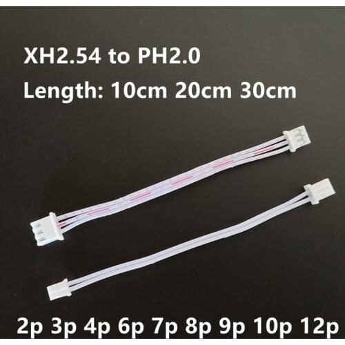 10PCS XH To PH Red and White Flat Line Xh2.54 / Ph2.0 Plug Terminal Adapter 2p 3p 4p 6p 7p 8p 9p 10p 12p Length 10cm 20cm 30cm