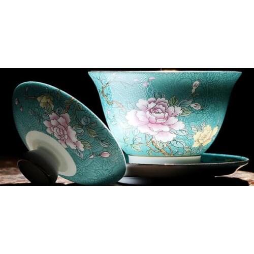 140ml Handpainted Jingdezhen Pastel Technology Traditional Ceramic Porcelain Gaiwan Tureen Kung Fu Tea Set Tea Cup Wedding Bowl
