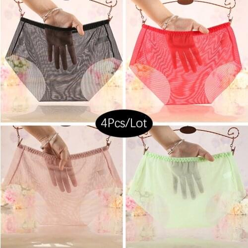 4Pcs/lot Full Transparent Mesh Panties Women Sexy Seamless Briefs Ladies Solid Ultra-Thin Underwear XXXL Panties Women Plus Size