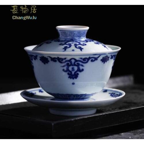 Changwuju in Jingdezhen Kung-Fu Chinese tea cup ware the handmade traditional blue and white tea covered bowl painted by hand