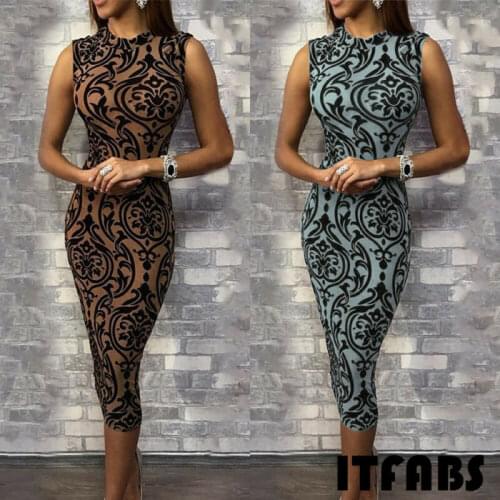 Elegant Fashion Women Sexy Bodycon Midi Pencil Slim Dress Evening Party Dresses Formal Sleevess High Street Clubwear
