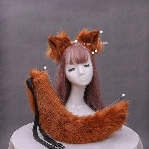 Faux Fur Wolf Ears Headband and Furry Anmimal Long Tail Set Headdress Cute Plush Ornaments Lolita Masquerade Cosplay Costume