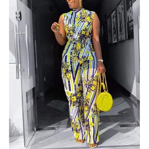 African Jumpsuits For Women 2021 Summer Elegant Sleeveless Yellow Print Sashes Long Pants Fashion Work Office Jumpsuits Hot Sale