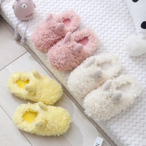 Furry Cute Keep Warm Slippers for Babies Cartoon Sheep Horn Childrens Slippers Toddler Girl Slippers