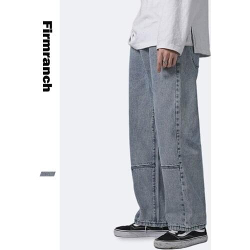 Firmranch 2020 Spring/Autumn Men Versatile Straight Pants For Men Wide Leg Loose LightBlue Patchwork Long Boys Demin Jeans Pants