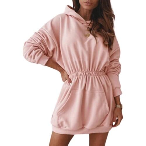 New Women Casual Winter Solid Color Pullover Dress Long Sleeve Hoodie Sweatshirt Outerwear