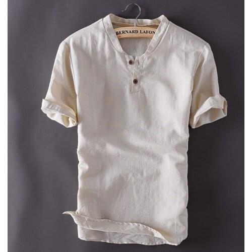 Plus Size M-5XL Mens Pullover Linen Shirts Short Sleeve Summer Mens Quality Casual Shirts Slim Fit Solid Cotton Shirts