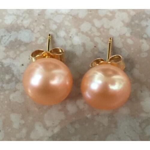 Huge a pair of 9-10mm south sea gold pink stud pearl earring 14k