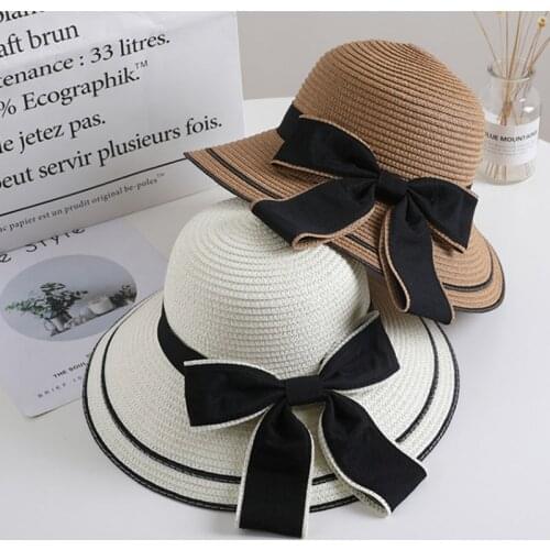 Womens Summer Hat Flat Top Sun Protection Cap Female Bow Ribbon Bucket Hat Foldable Wide Brim Hat Beach Hat Straw Hat Sun Hats