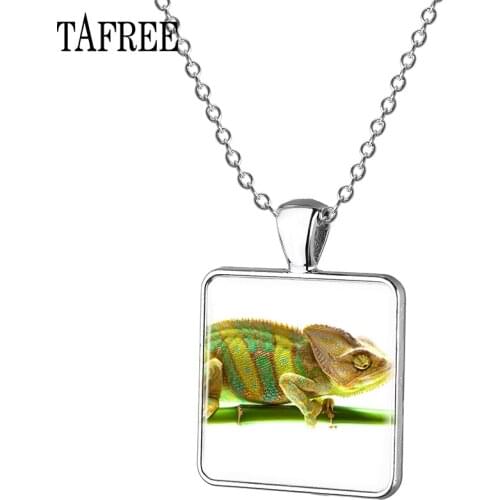 TAFREE Handmade Glass Cabochon Square Necklace Lizard Flatback Camo Domed DIY Jewelry Charm Photo Pendant choker Jewelry QF761