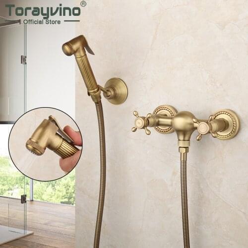 Torayvino Wall Mounted Toilet Shower Faucet With Handheld Sprayer Antique Brass Hygienic Shower Bidet Combo Kit Mixer Water Tap