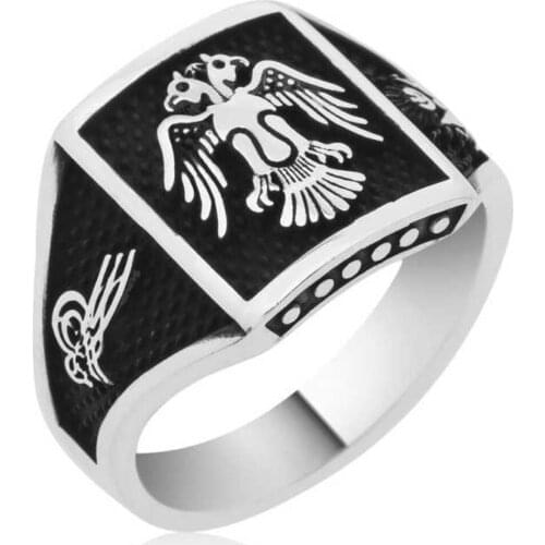 Solid 925 Sterling Silver Double Headed Eagle Ottoman Tughra Square Mens Ring