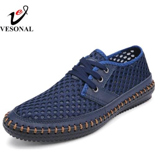VESONAL Genuine Leather Summer Breathable Soft Male Mesh Shoes For Men Adult Walking Casual Quality Light Net Footwear 2018