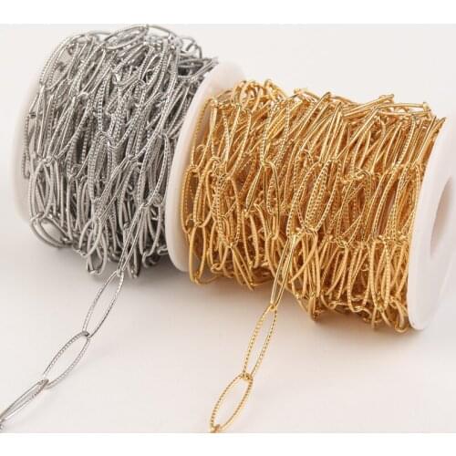 Xinyao 1m Stainless Steel Embossing Chains Real Gold Plated 2sizes Gold Steel Flat Chain Paperclip Chain for Diy Jewelry Making