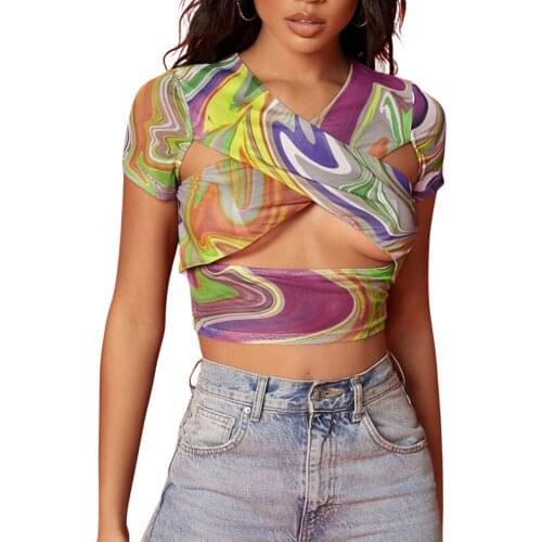 Womens Casual Short Sleeve T-shirt Fashion Ripple Printing Cross V-neck Exposed Navel Tops