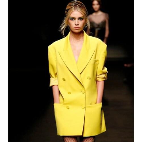 Classic Summer Women Yellow Blazer Custom Made Double Breasted Loose Coat Fashion Streetweat Catwalk Peaked Lapel Sexy Jacket