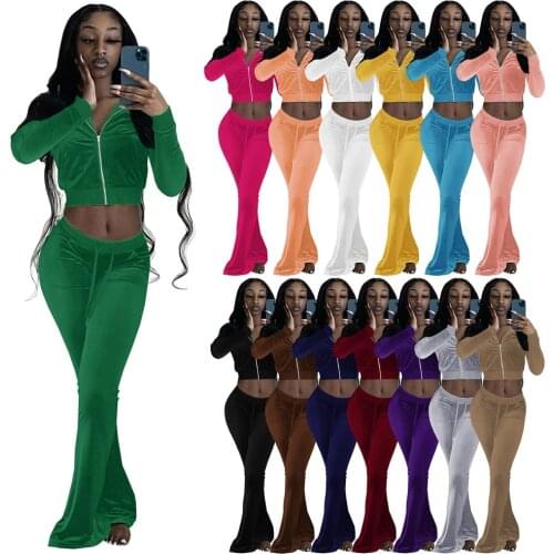Women Velvet Outfit Autumn Winter Tracksuit Long Sleeve Elastic Crop Jacket+drawstring Flare Jogger Sweatpant Sporty Clothing