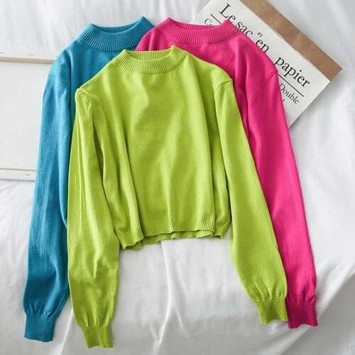 Korean Clothes Chic O neck Candy Color Knitted Pullover Vintage womens sweater Cute Cropped pull femme clothes crop top Jumper