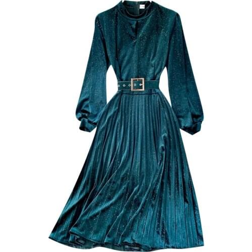 Stand Collar Chic Sashes Bling Velvet Pleated Dresses Women 2021 Autumn Femme Vestidos Elegant Temperament Slim Fit Dress