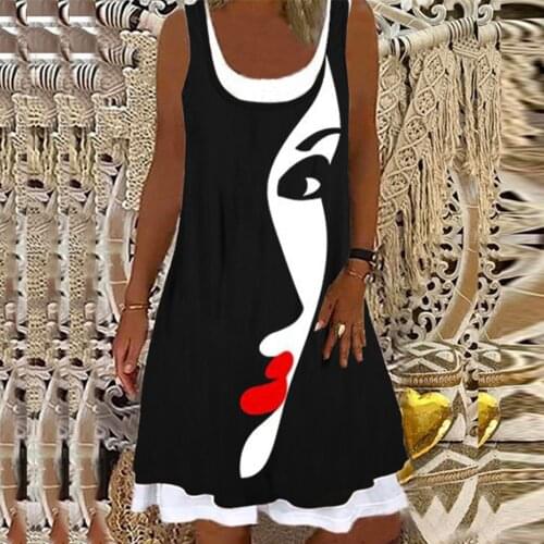 2021 Vintage Square Collar Casual Dress Women Fashion Floral Print Loose A-Line Dress Sexy Summer Sleeveless Mini Dress 3XL