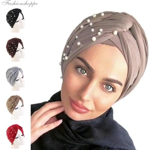 1pcs New muslim Suede turban caps twist velvet pearls turban bonnet woman indian hat winter turban femme musulman headband
