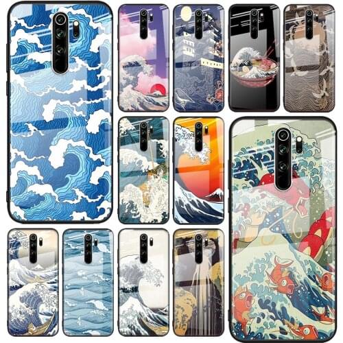Tempered Glass Cover Japanese Wave Art For Xiaomi Redmi Note 10 10S 9T 9S 9 8T 8 7 5G Pro Max Shockproof Phone Case