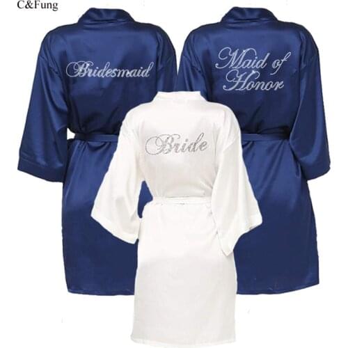 C&Fung dark blue bride robe Womens Bridesmaid Kimono Robes Satin Rhinestone Short Wedding Kimono Bathrobe Brides Wedding Party