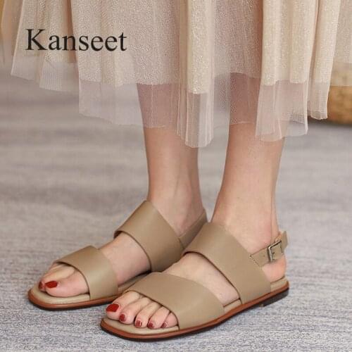Kanseet Women Shoes Summer New Arrival Flat Black Apricot Genuine Leather Leisure Handmade Buckle Strap 1cm Low Heels Sandals