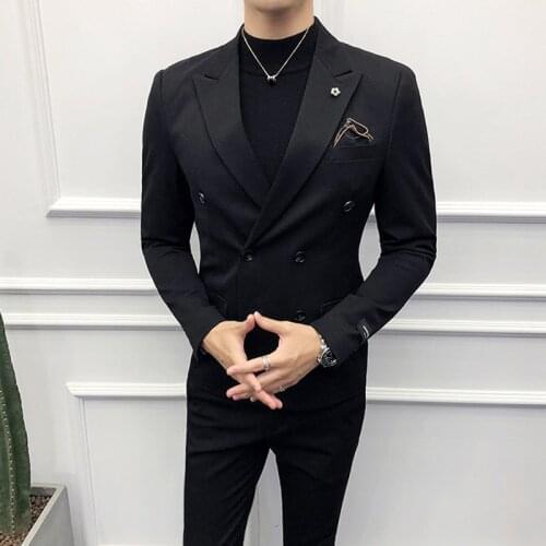 Double Breasted Black Men Suits Slim fit 2 piece Custom Wedding Tuxedo with Peaked Lapel Man Set Jacket Pants Fashion Clothes