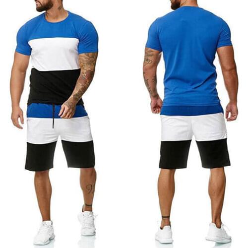 Summer Patchwork Tracksuit Striped Short Sleeve 2 Piece Sports Workout Clothing Men Shorts Set T shirt and Shorts Set 2021