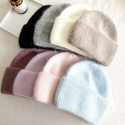 Fashion Winter Angora Rabbit Fur Knitted Hat Solid Warm Woolen Knitted Hat Thick Warm Women Beanies Female Bonnet Knit Hat