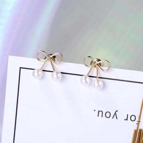 Fashion Women Simple Design Bow Stud Earring 2021 Elegant Women Double Pearl Gold Plated Earring Charm Women Daily Wear Jewelry