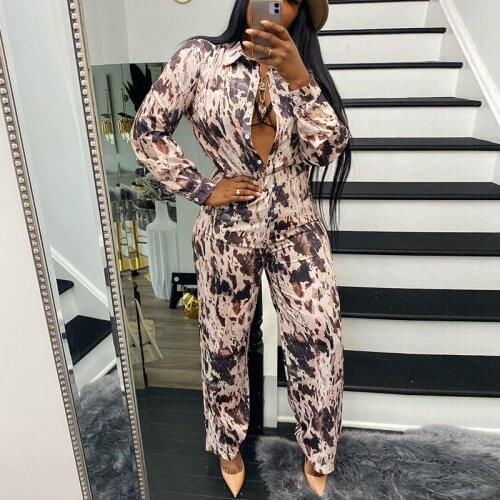 Fashion new Casual Two Piece Fall printing set Long Sleeve Button Up Shirt Top & Slim Pants Set OL Workwear