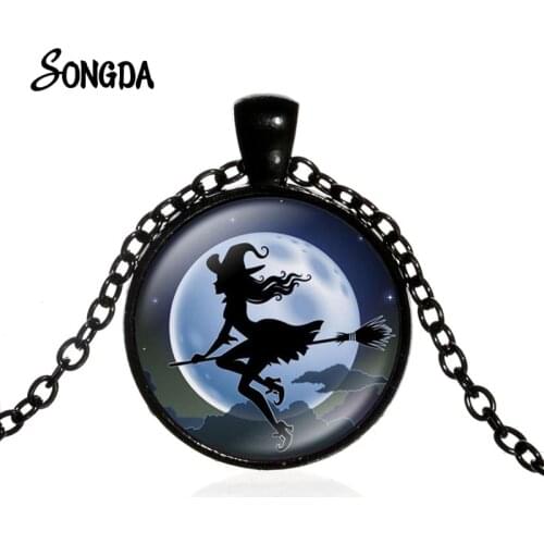 Moon Broom Flying Witch Necklace for Women Black Cat and Bat Pumpkin Lantern Glass Pendant Chain Choker Halloween Party Jewelry