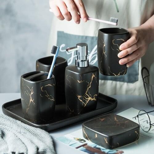 European-style Ceramic Bathroom Five-piece Set with Tray Black/white Marble Pattern Toiletry Set Bathroom Ornaments Wedding Gift