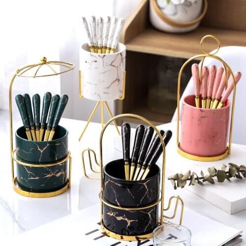 Golden Tableware Marbled Ceramic Cutlery Set Storage Tank 410 Stainless Steel Spoon and Fork Set Mirror Coffee Fork Dinner Set